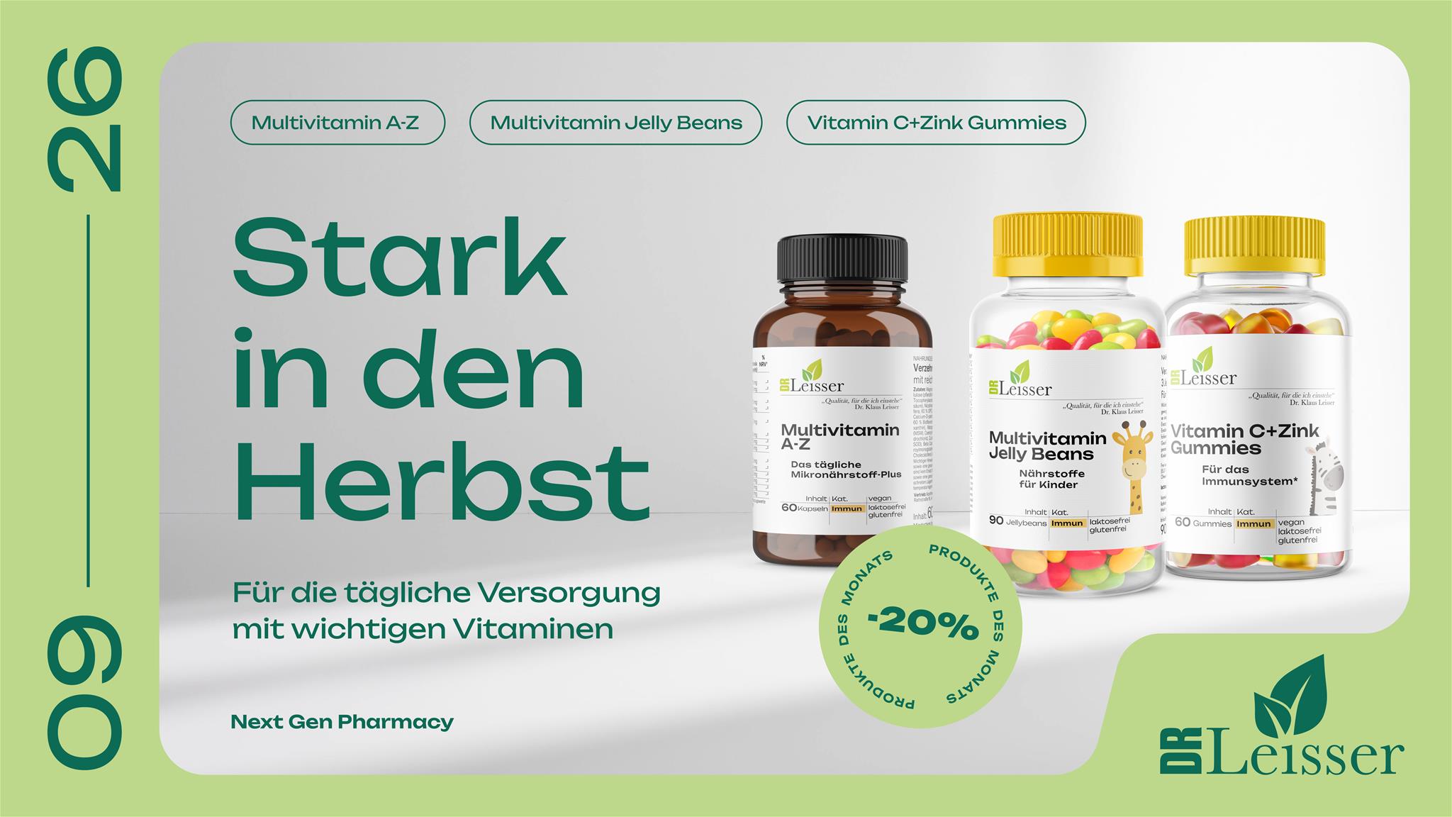 September Aktion mit 20% Rabatt auf Multivitamin A-Z, Multivitamin Jelly Beans und Vitamin C+Zink Gummies